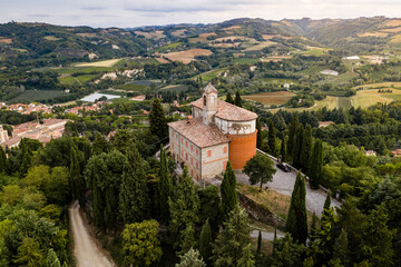 Fototapeta na wymiar Aerial View of Sanctuary Of Monticino, an Ancient Church Near The Medieval Town Of Brisighella, Faenza, Italy