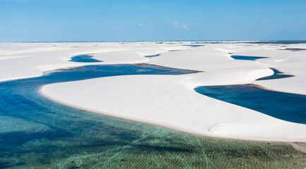 aerial view of the white sand dunes of Lencois Maranhenses with rain water pools