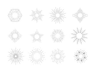 Sunburst shadow icons vector. Starburst, firework monochromes. Burst radiating from center of straight and spiral beams, lines.