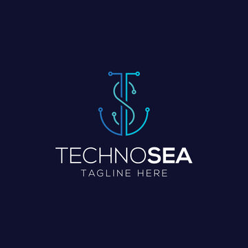 Anchor and letter ts logo design template with line art style