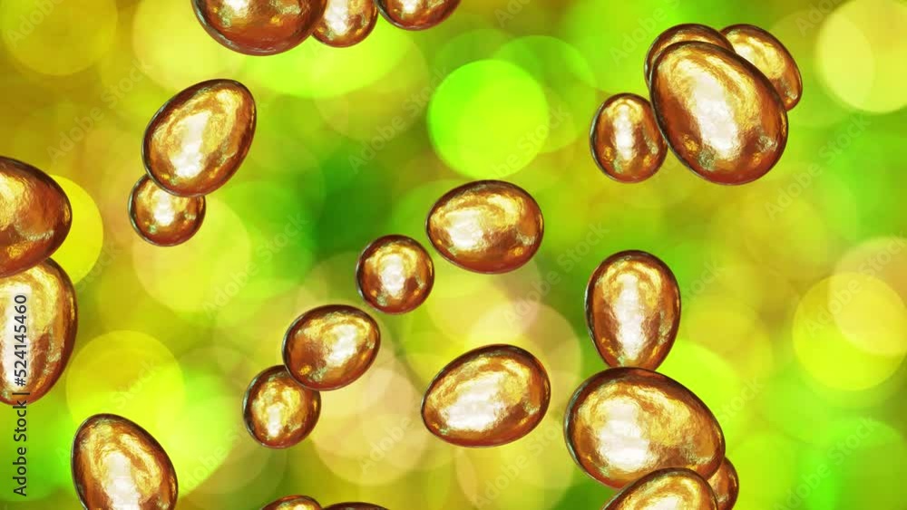 Poster realistic dof camera looping 3d animation of the fancy textured gold easter eggs falling from the to
