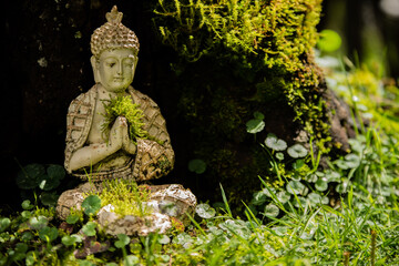 statue of buddha in a green field with moss and grass