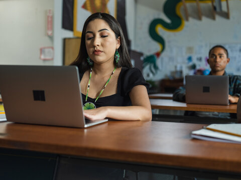 Native boy and girl students on computers in class