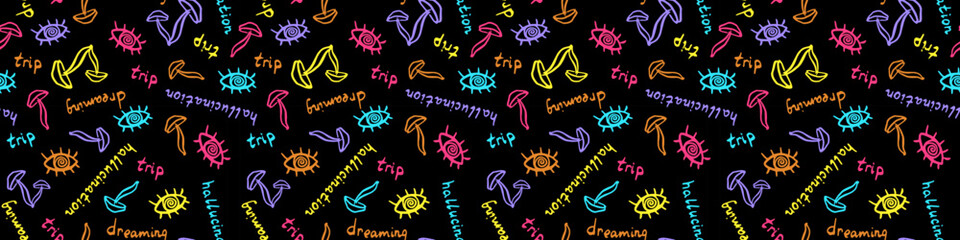 Psychedelic vector seamless pattern with fluorescent mushrooms and crazy eyes. Neon hand drawn repeated background for fabric, textile, wallpaper, wrapping paper, cover. EPS 10
