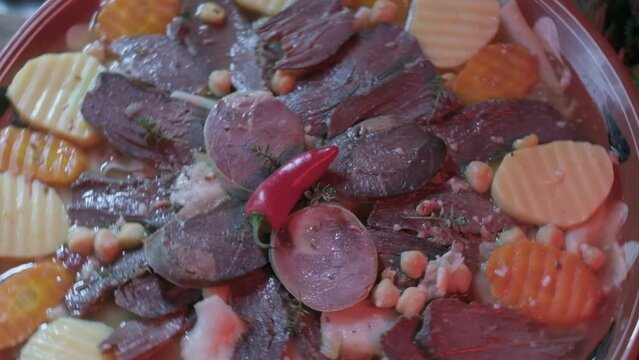 Close-up of national Kazakh dish Beshbarmak made of veggies