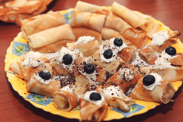 Pancakes with blueberry . Fresh breakfast in the plate . Morning food dessert