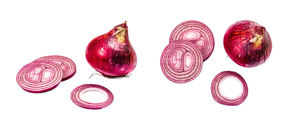 Purple onion and its slices isolated on white background. Traditional ingredient for cooking
