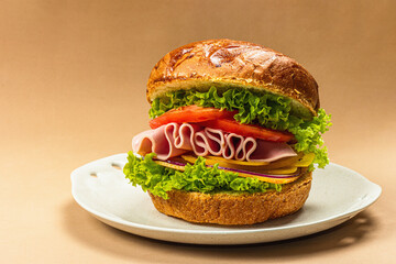 Homemade burger with ham. Fresh ingredients, ripe vegetables, fast food. Healthy breakfast concept