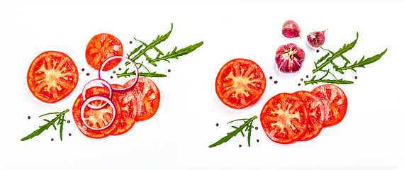 Assorted fresh vegetables and spices isolated on white background. Ingredients for cooking