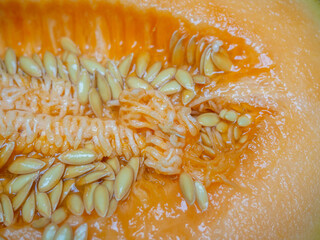 Cut melon close-up. Pulp of melon fruit. A plant of the Cucurbitaceae family, a species of the genus Cucumber. Vegetable seeds. Diet delicious food. Raw food diet.  Melon in a cut