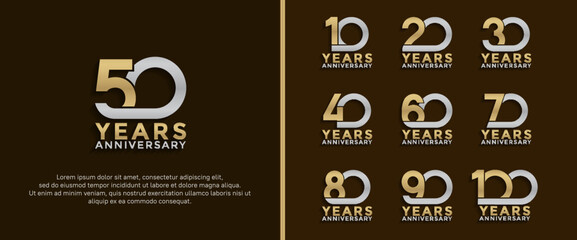 set of anniversary logotype silver and gold color on brown background for celebration moment