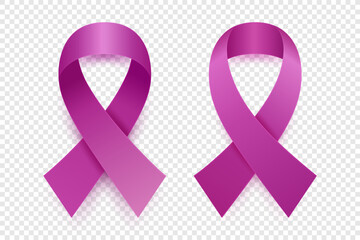 Vector 3d Realistic Lavender Purple Ribbon Set. Cancer Awareness Symbol Closeup. Cancer Ribbon Template. World Cancer Day Concept
