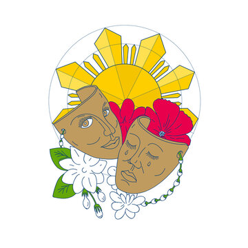 Drama Mask Philippine Sun Hibiscus Sampaguita Flower Mono Line