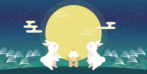 お月見 背景イラスト うさぎと月 文字なし ベクターデザイン