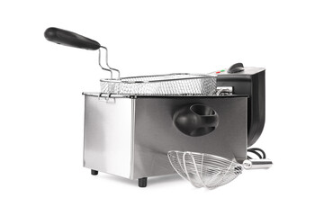 Modern deep fryer and baskets on white background. Kitchen device