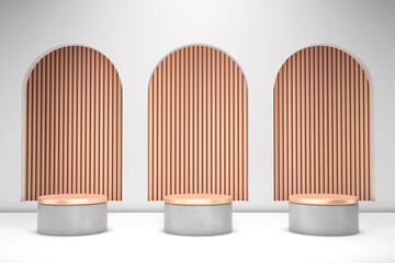 3d rendering Luxury gold podium modern geometry with golden arch on white background for product display mockup background or modern graphic resource template.