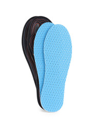Shoe insoles on white background, top view