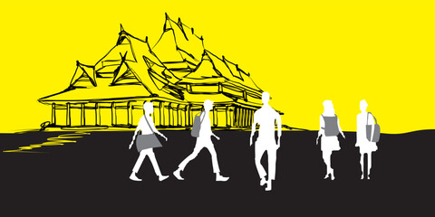 Sketch of the historical building of a famous state high technical institute in the city of Bandung, West Java, Indonesia