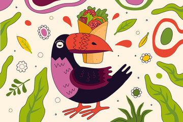 Mexican fast food burrito drawing poster design for mexico cuisine restaurant menu or eatery advertising. In bird toucan beak traditional Latin American dish wrapped in tortilla filling. Vector eps © Azat Valeev