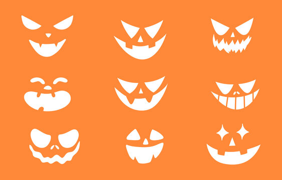 Collection of scary Halloween spooky pumpkin faces. Evil pumpkin eyes and mouths. Horror stencils of creepy pumpkin monsters. Spooky ghost emoticons isolated illustration set