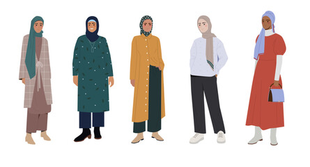 Set of stylish Muslim women. Arab girls in traditional casual clothes and headwear. Female characters in fashionable outfits and hijabs. Cartoon flat vector collection isolated on white background