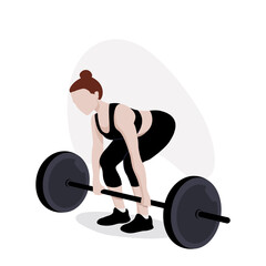 Obraz premium Kobieta podnosząca dużą sztangę. Martwy ciąg z ciężarem. Dziewczyna uprawiająca sport. Wysportowana sylwetka w stroju do ćwiczeń. Ilustracja wektorowa.