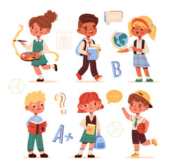 Back to school concept. Set of little boys and girls preschoolers holding school supplies. Children with books, backpacks, globe and ball. Cartoon flat vector collection isolated on white background