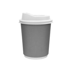 PNG. Coffee paper cup with lid. Gray coffee cup and white cap.