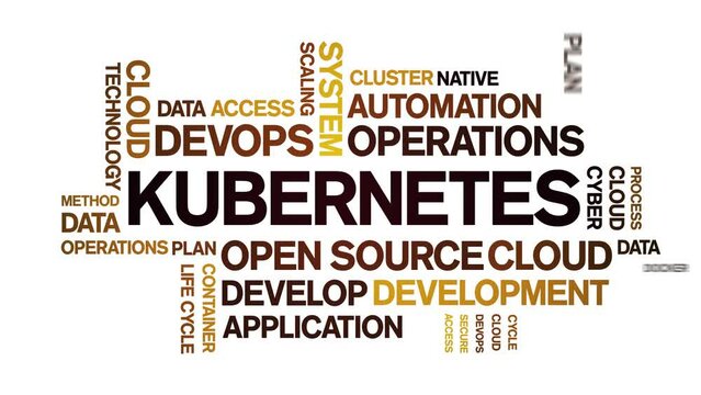 Kubernetes animated tag word cloud;text design animation kinetic typography seamless loop.