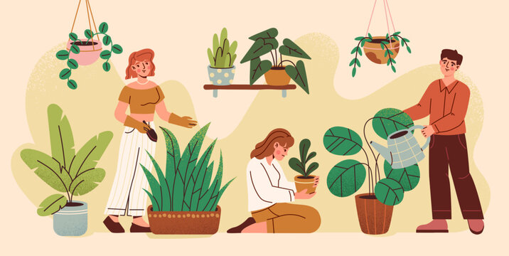 Concept of comparing yourself to others. Successful people with big flowering plants and envious person with small sprout in pot. Metaphor for growth and success. Cartoon flat vector illustration