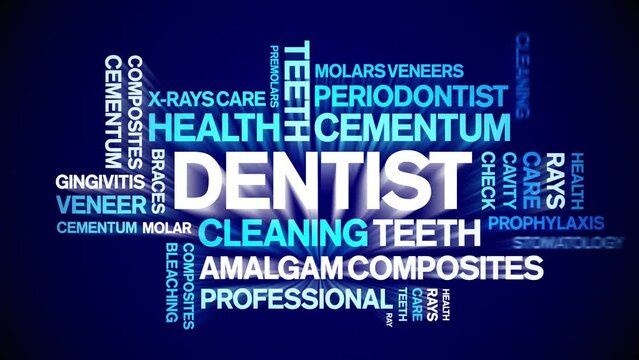 Dentist animated tag word cloud;text design animation kinetic typography seamless loop.