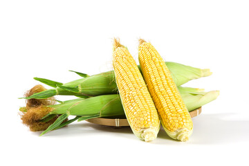 Fresh ripe yellow cobs corn isolated on white background
