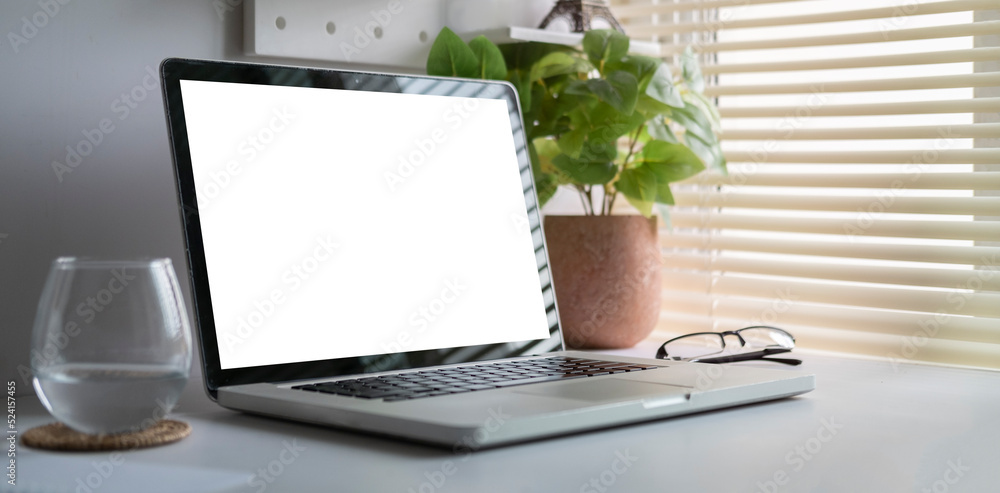 Aufkleber modern workspace with computer with blank screen and equipment on white table.blank screen for your 