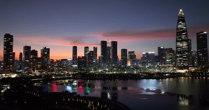 Aerial footage of landscape at sunset in shenzhen city, China, Hyperlapse