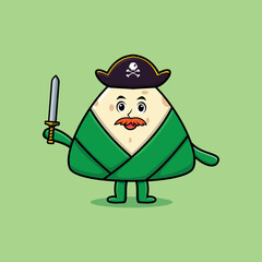 Cute cartoon mascot character chinese rice dumpling pirate with hat and holding sword in modern design
