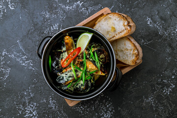 mussels in cream sauce with lime and croutons on dark stone table top view