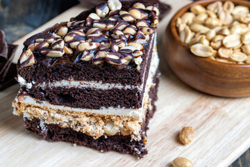 chocolate cake with nut filling and peanuts