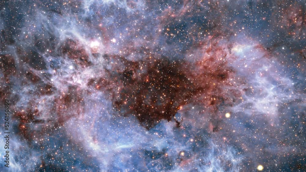 Poster space exploration through outer space towards glowing milky way galaxy. animation of flying through 