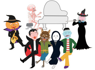 ハロウィンを祝って踊ったり、演奏したりしている魔女やジャックオーランタンたち。