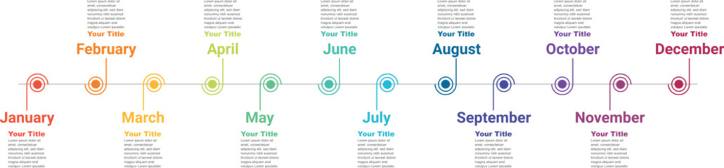 Monthly Timeline | 12 months, 1 year, 12 Months Concepts timeline work flow processes or steps - obrazy, fototapety, plakaty