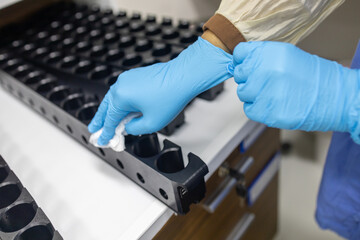 Blue gloves that employees wear to work to prevent the risk of germs.
