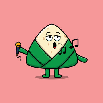 Cute cartoon chinese rice dumpling singer character holding mic in flat modern style design