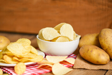 Potato chips snack on white bowl, Crispy potato chips on the table food and fresh raw potatoes on wooden background