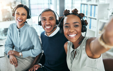 Fun selfie of call center agents, customer service or online support workers and friends in an...