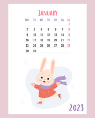 January 2023 calendar. Cute winter bunny in knitted clothes is skating on white background. 2023 year rabbit is to Chinese zodiac. Vector illustration. Vertical Template. Week from Monday In English