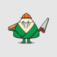 Cute cartoon chinese rice dumpling as carpenter character with saw and wood in flat modern style design