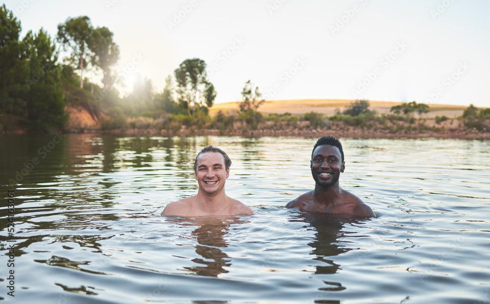 Sticker Vacation, friends and having fun while swimming in a lake and enjoying summer. Portrait of happy and diverse guys smiling while enjoying the water and friendship on their holiday and nature travel