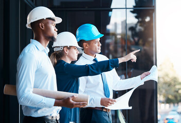Construction, architecture and management of project planning. Blueprint, design and engineers...