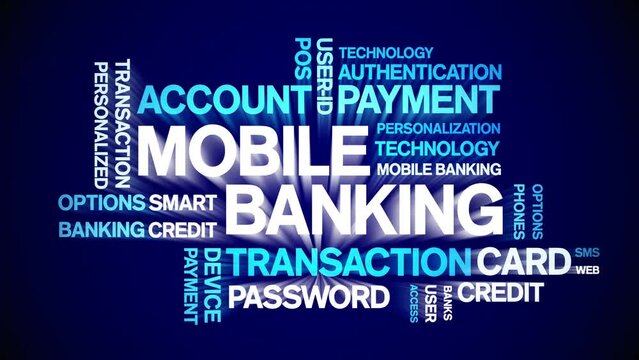 Mobile Banking animated tag word cloud;text design animation kinetic typography seamless loop.