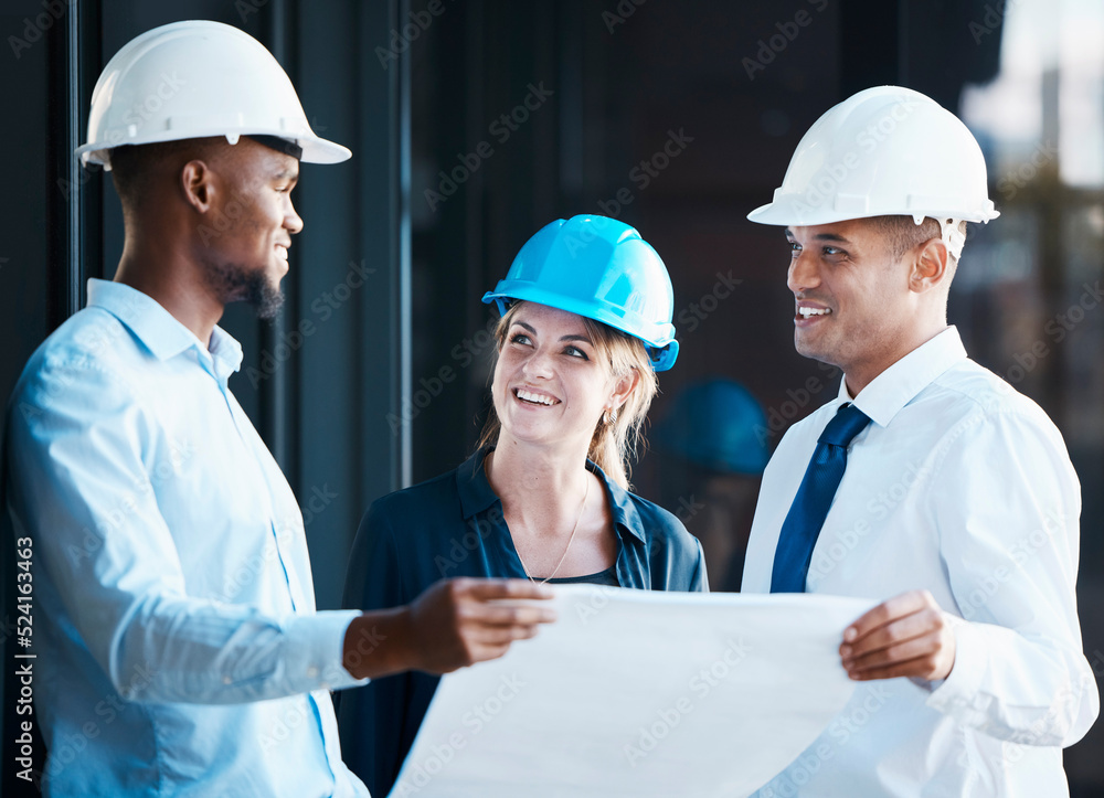 Aufkleber Architect, engineer and building contractor looking at plans or blueprints while talking and discussing strategy. Team or group of builders looking motivated and ready to develop, renovate or remodel